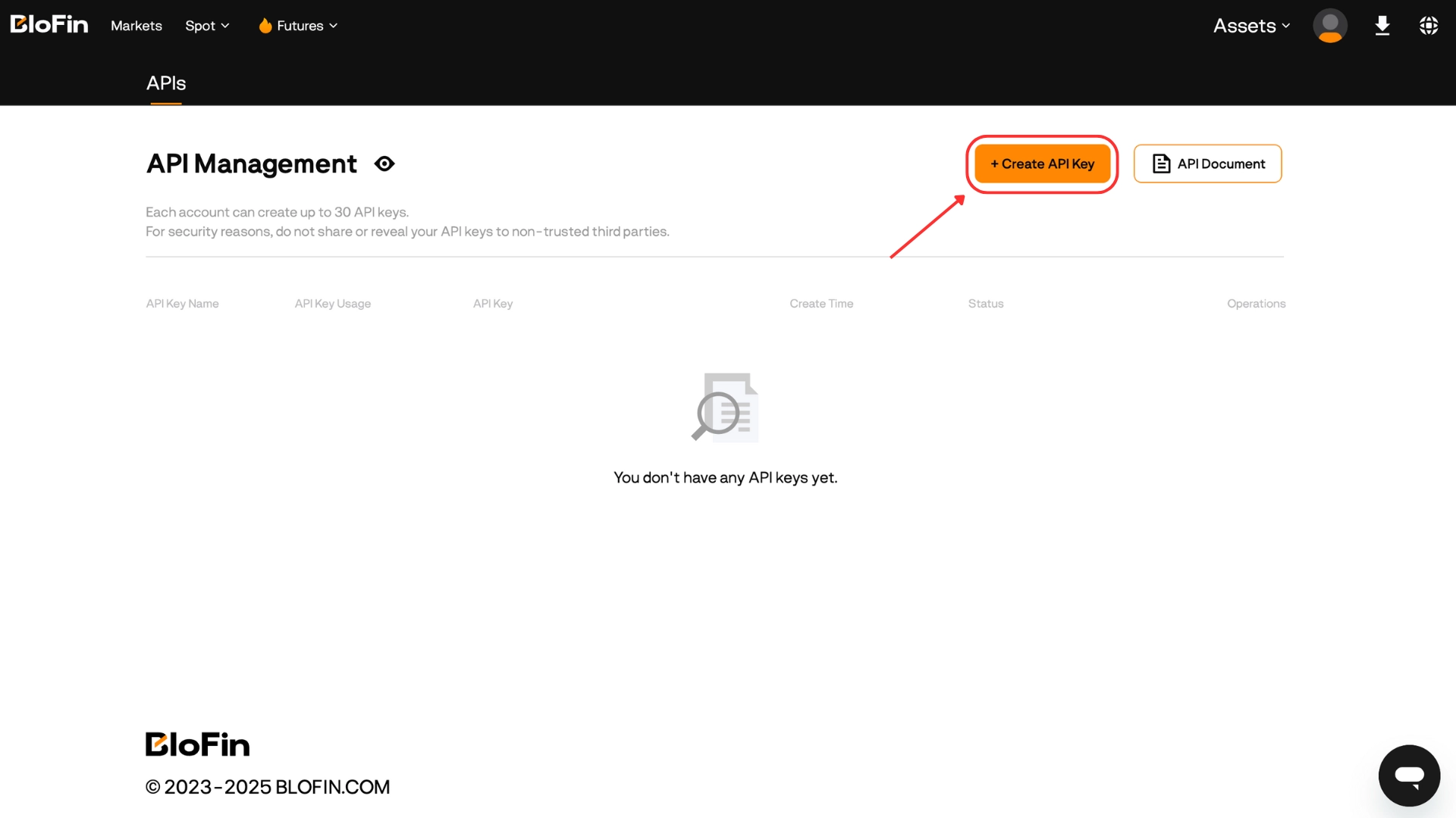 The API Management page — Create API Key