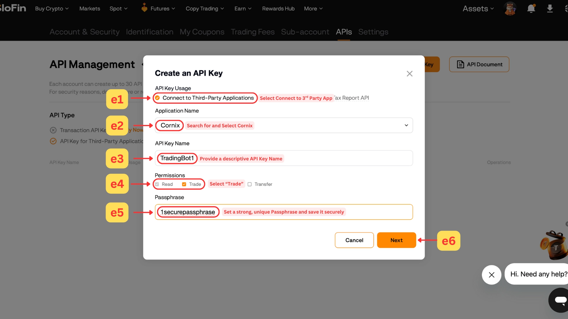 The API key configuration — Third-Party, Cornix, Read and Trade