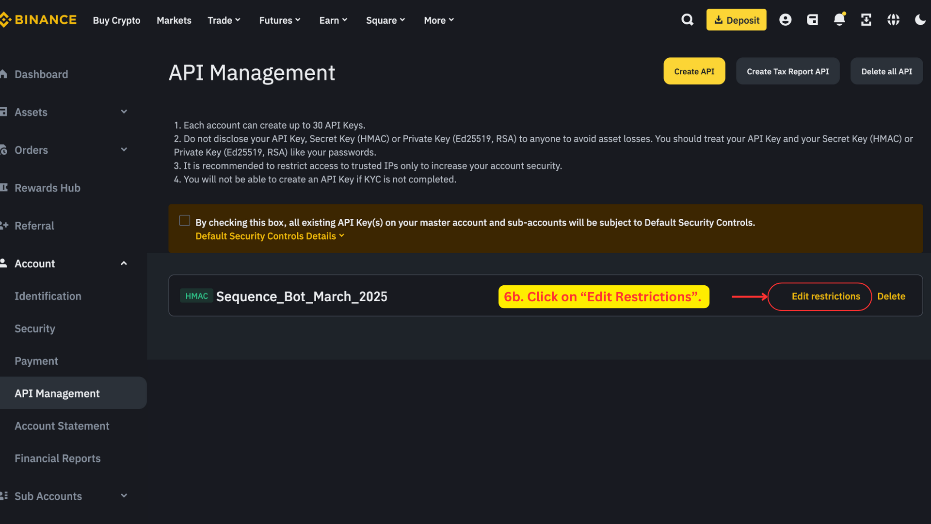 Binance API Management — Edit Restrictions