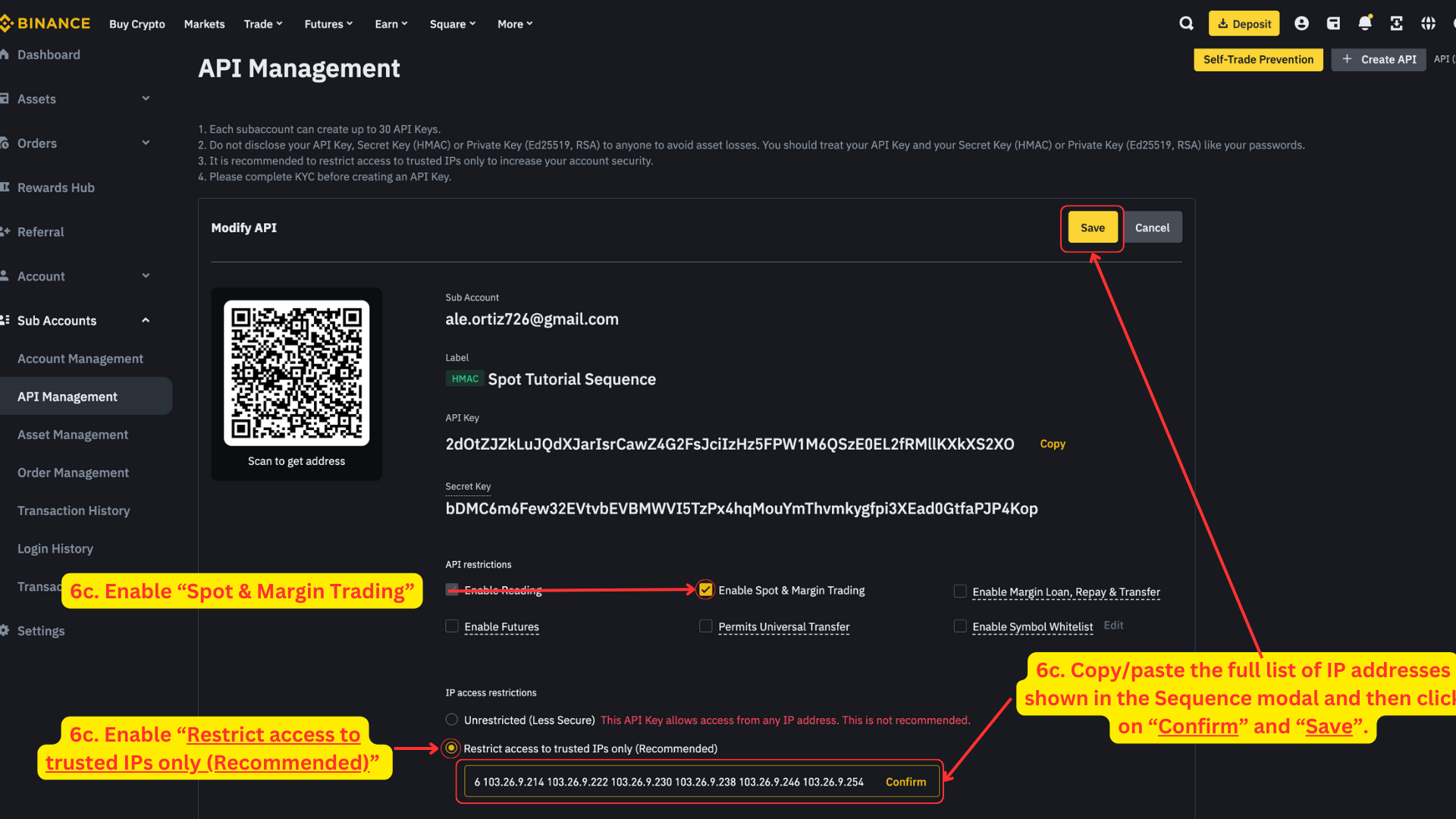 Binance API settings — permissions and trusted IPs