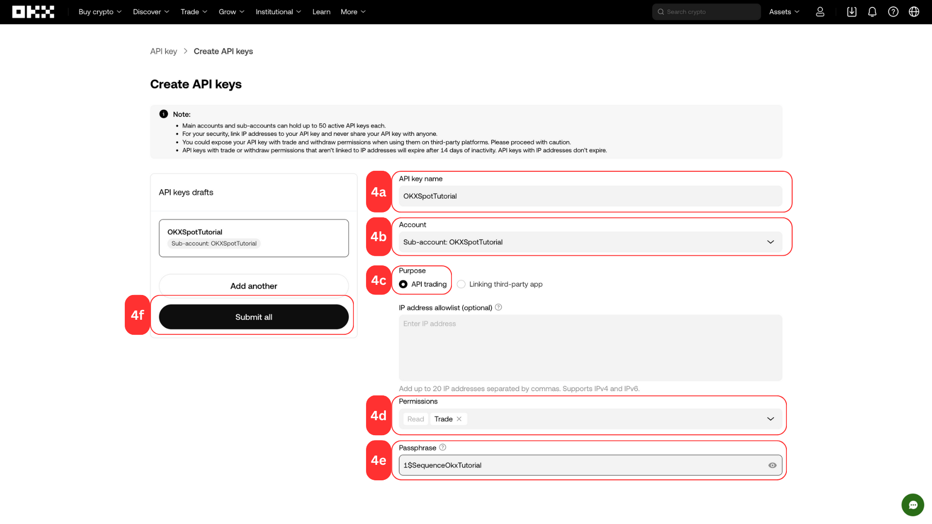 The OKX Create API key form