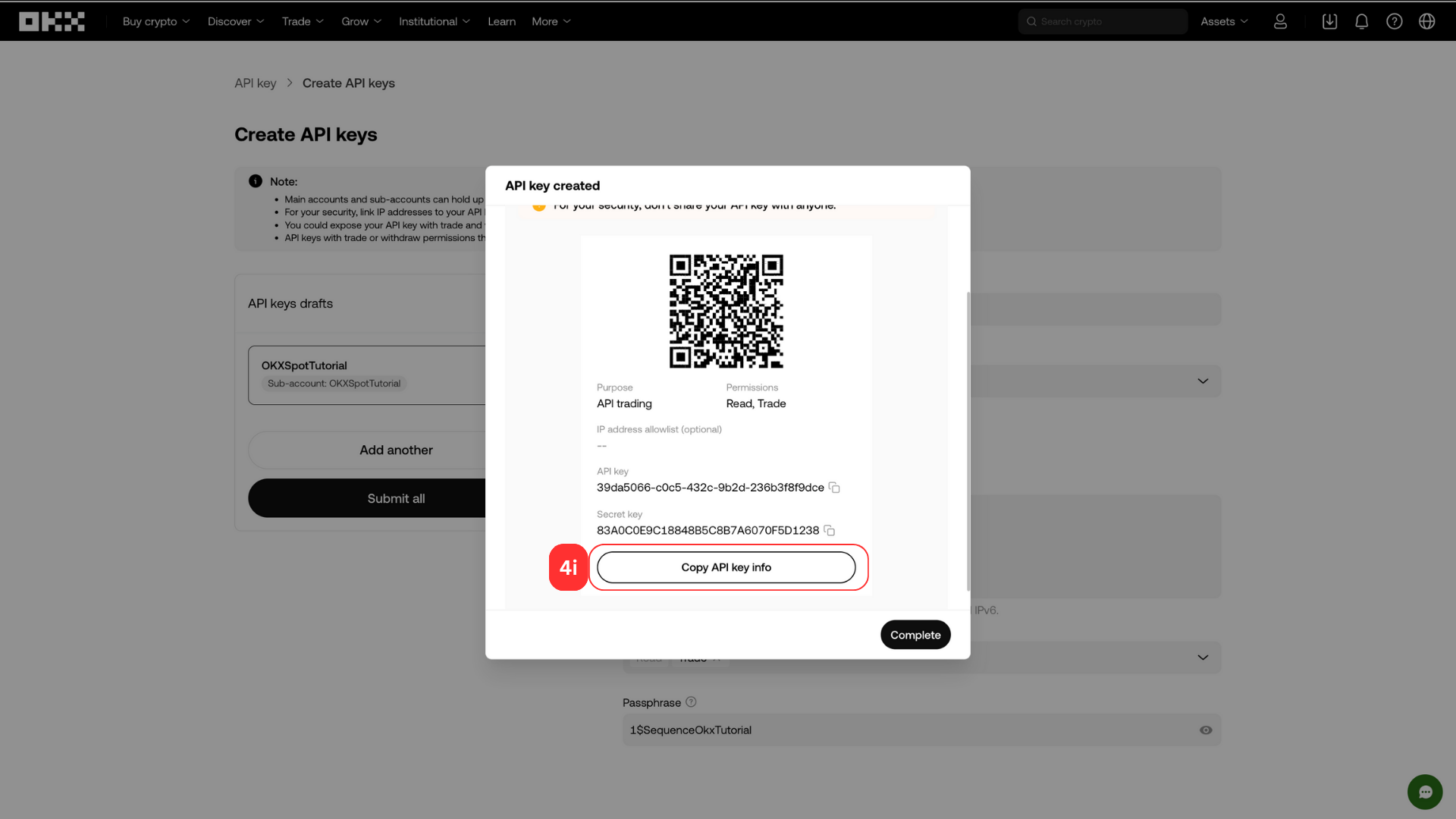 Copy the API Key and Secret