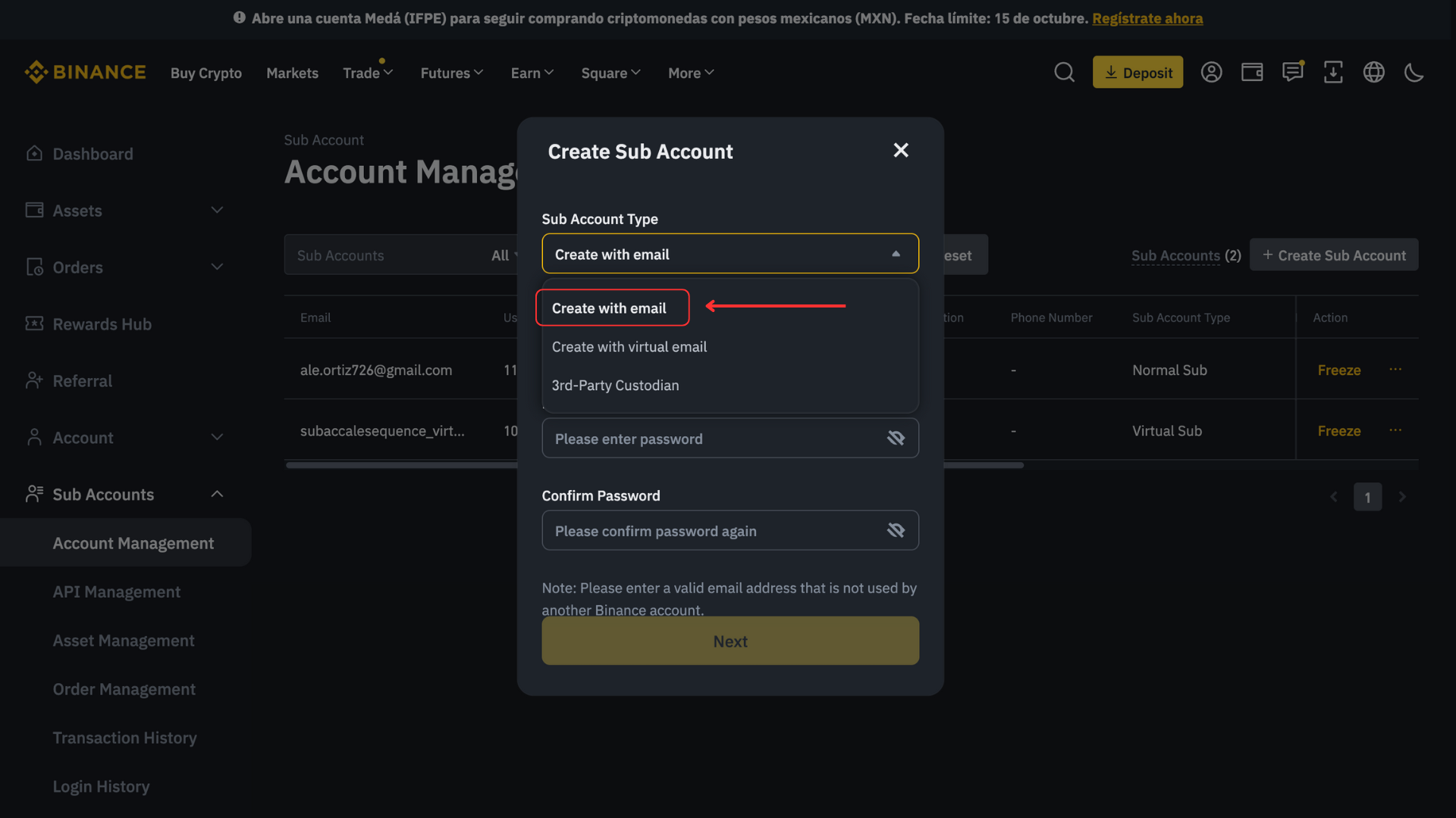 Create a sub-account on Binance