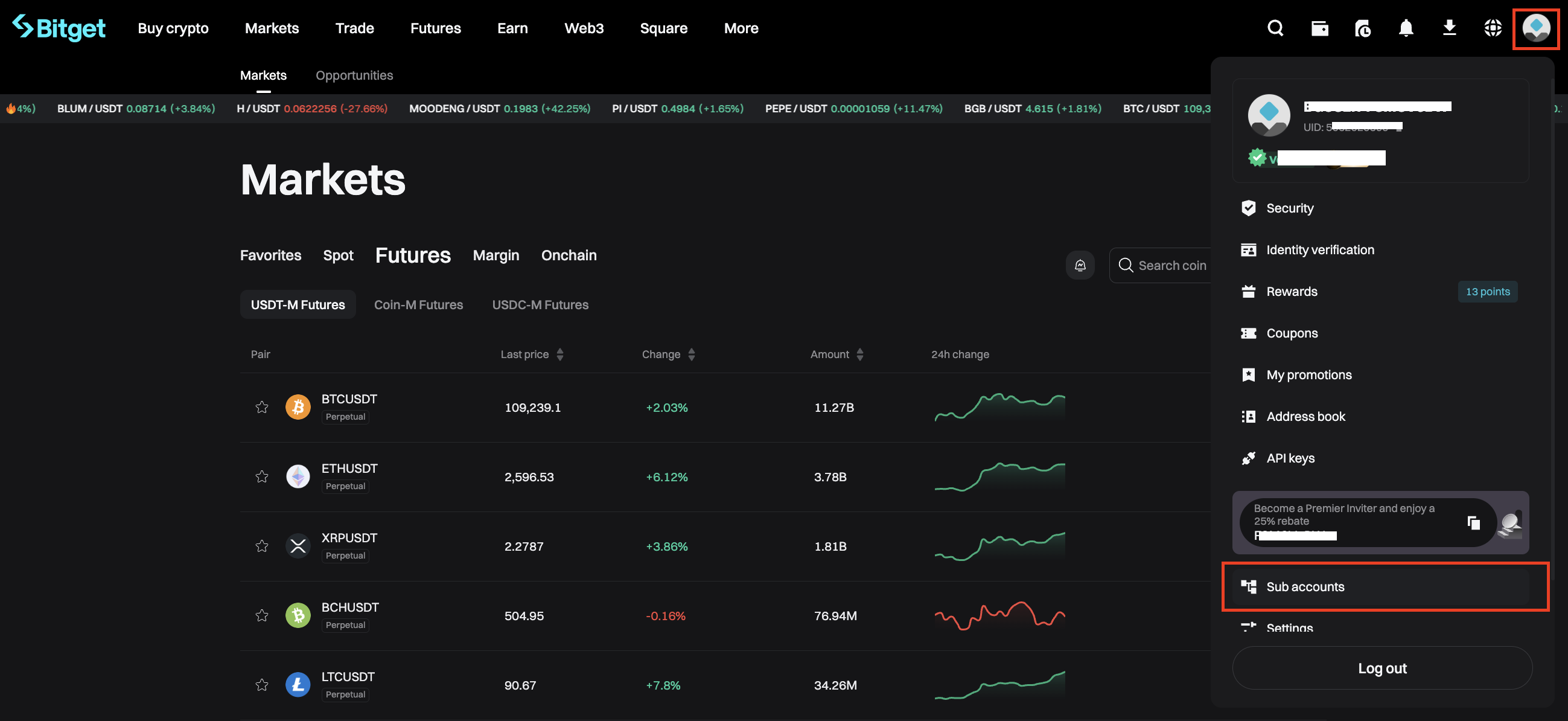 Profile menu with Sub-accounts option