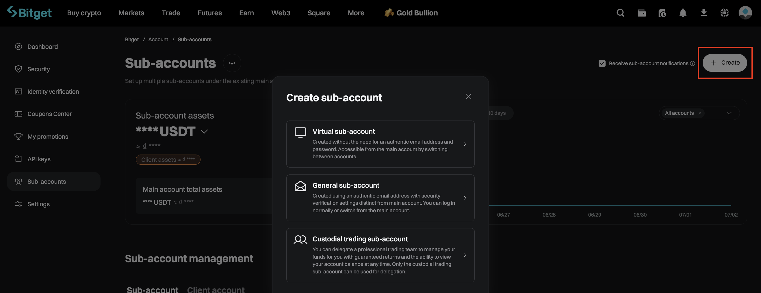 Create button on the sub-account page