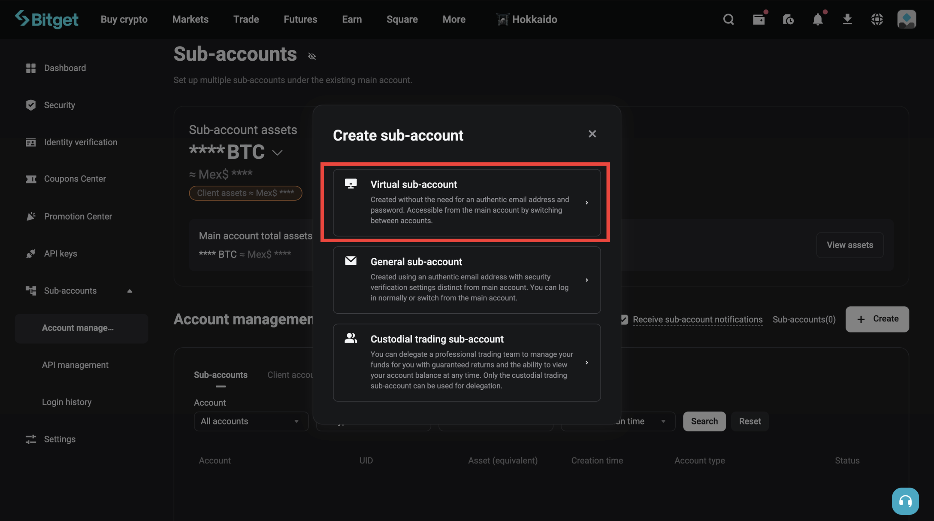 Select Virtual sub-account