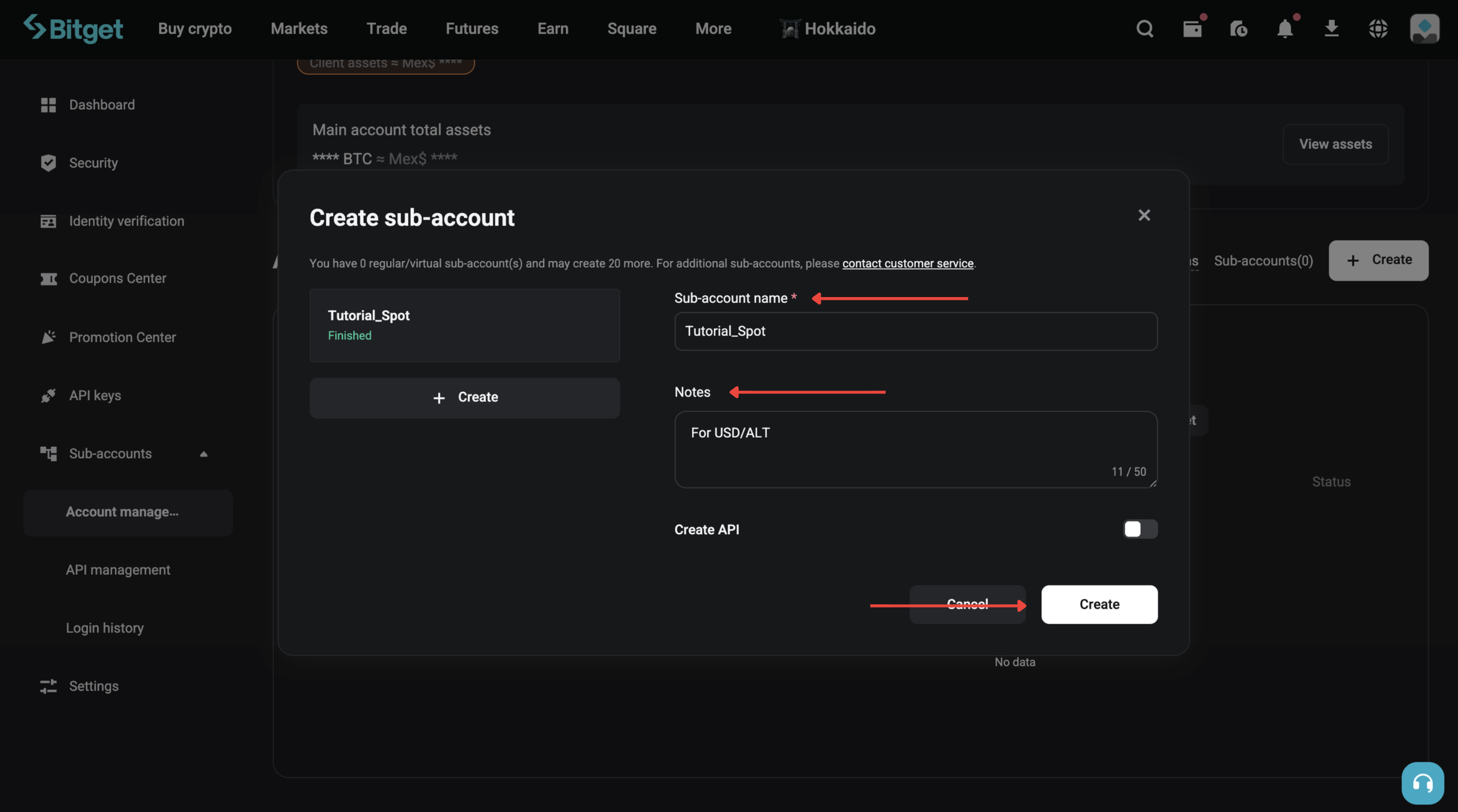Name and create the sub-account
