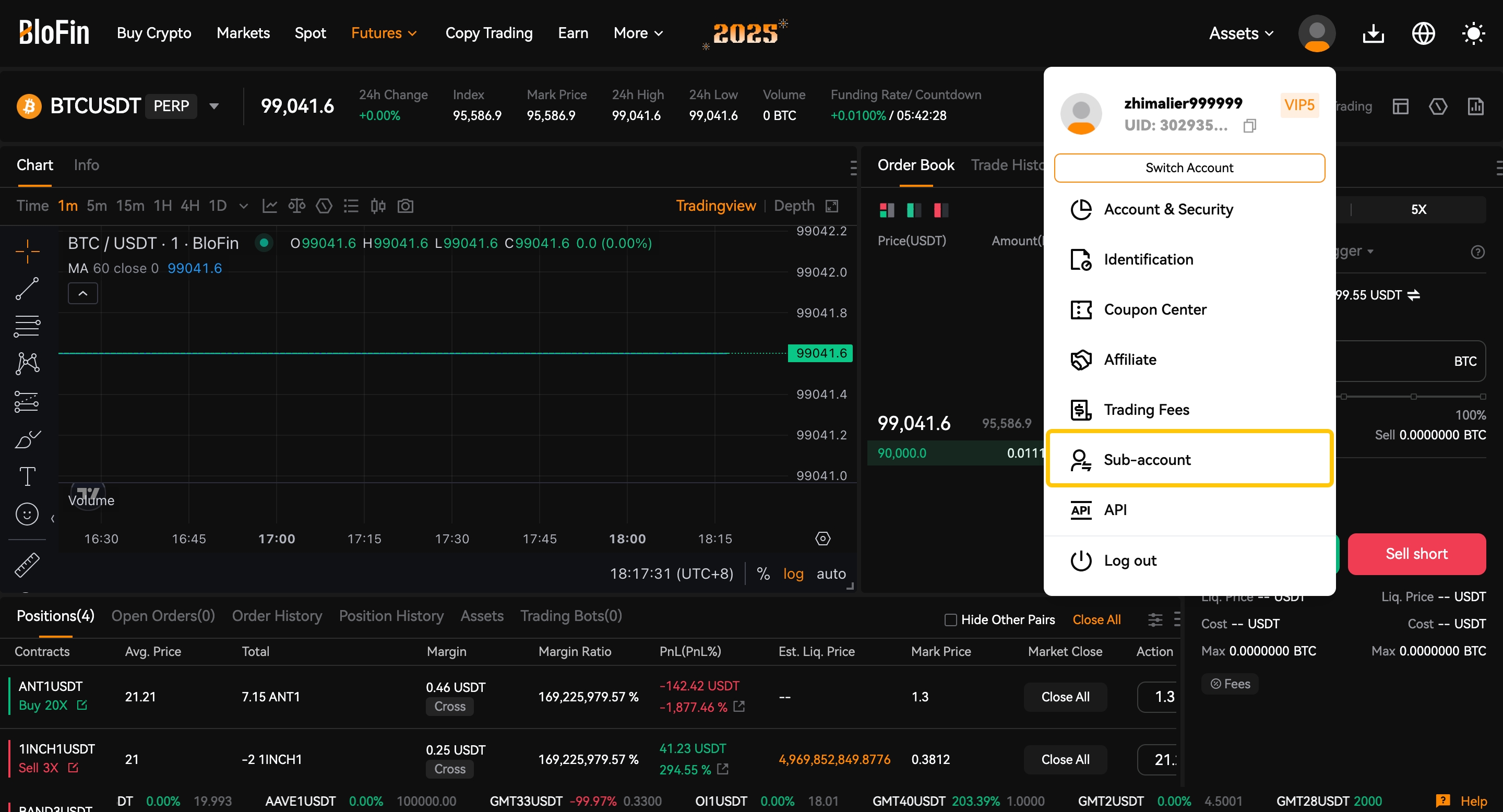 The Blofin account menu — Sub-account