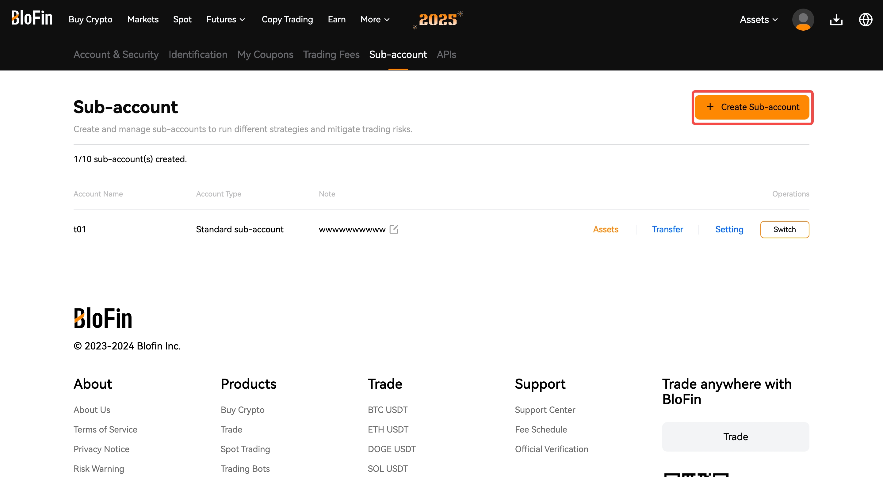 The Sub-accounts page — Create Sub-account