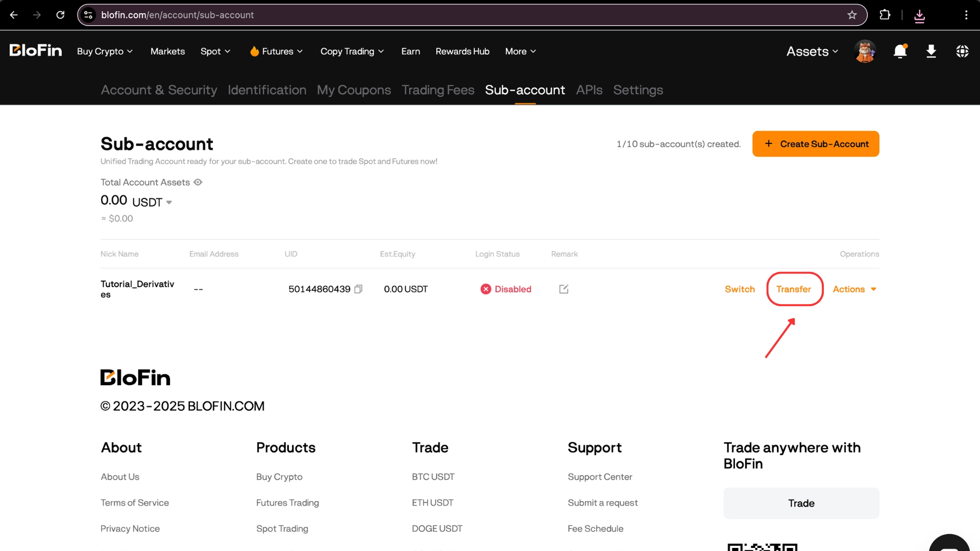 The Sub-accounts list — the Transfer action