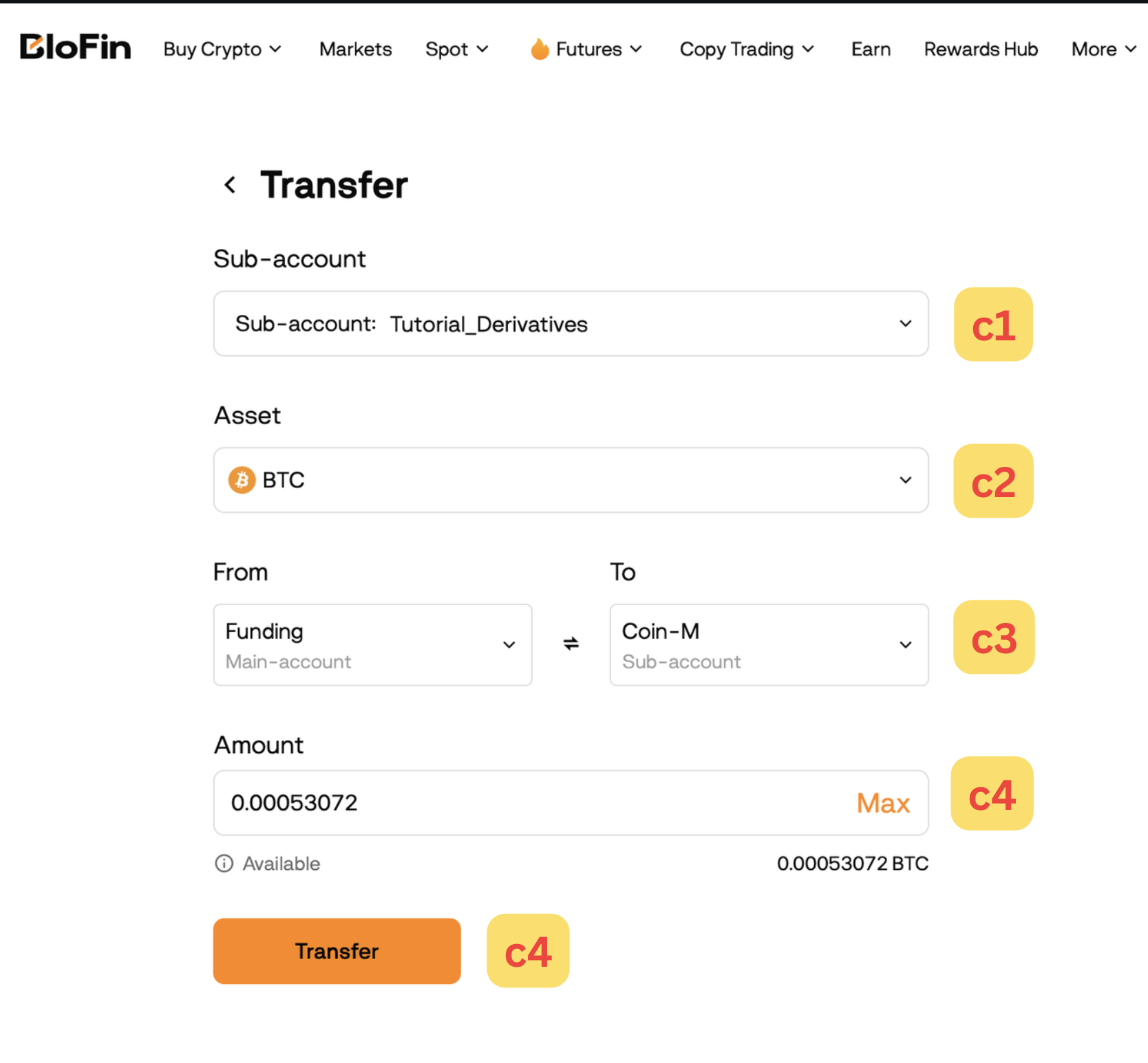 The transfer form — from Main account to the sub-account's Futures wallet